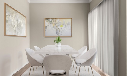 a dining room with a table and chairs