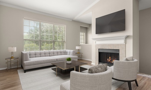 a living room with a large window